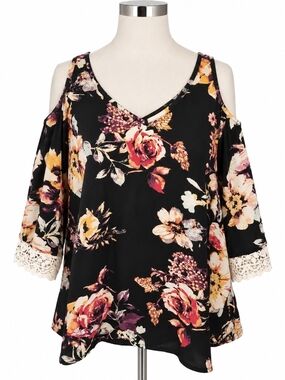 Xhilaration Women’s S Black Floral Cold Shoulder Lace Trim Blouse Boho